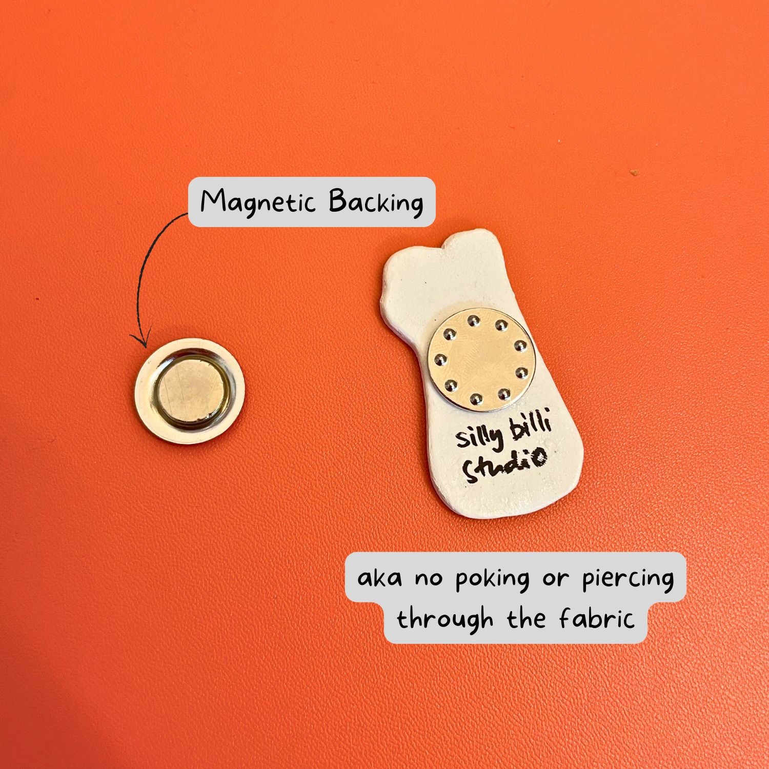 Magnetic backing for clay pin, no piercing through fabric
