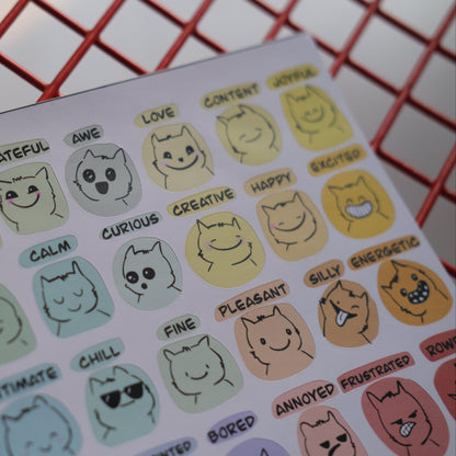 Sheet of cat-themed stickers with various expressions on a red grid background