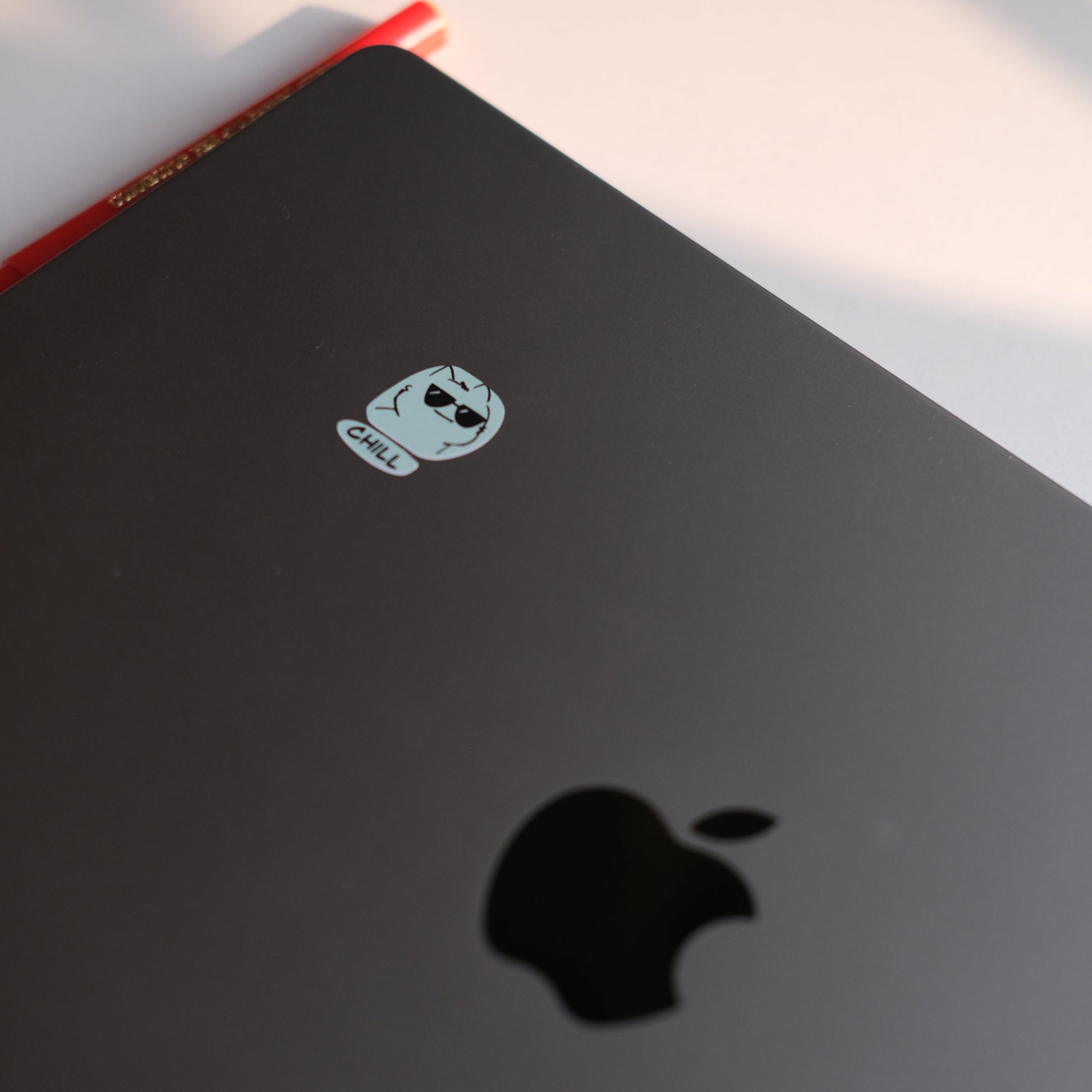 Laptop with Apple logo and a cat emotions sticker on a light background