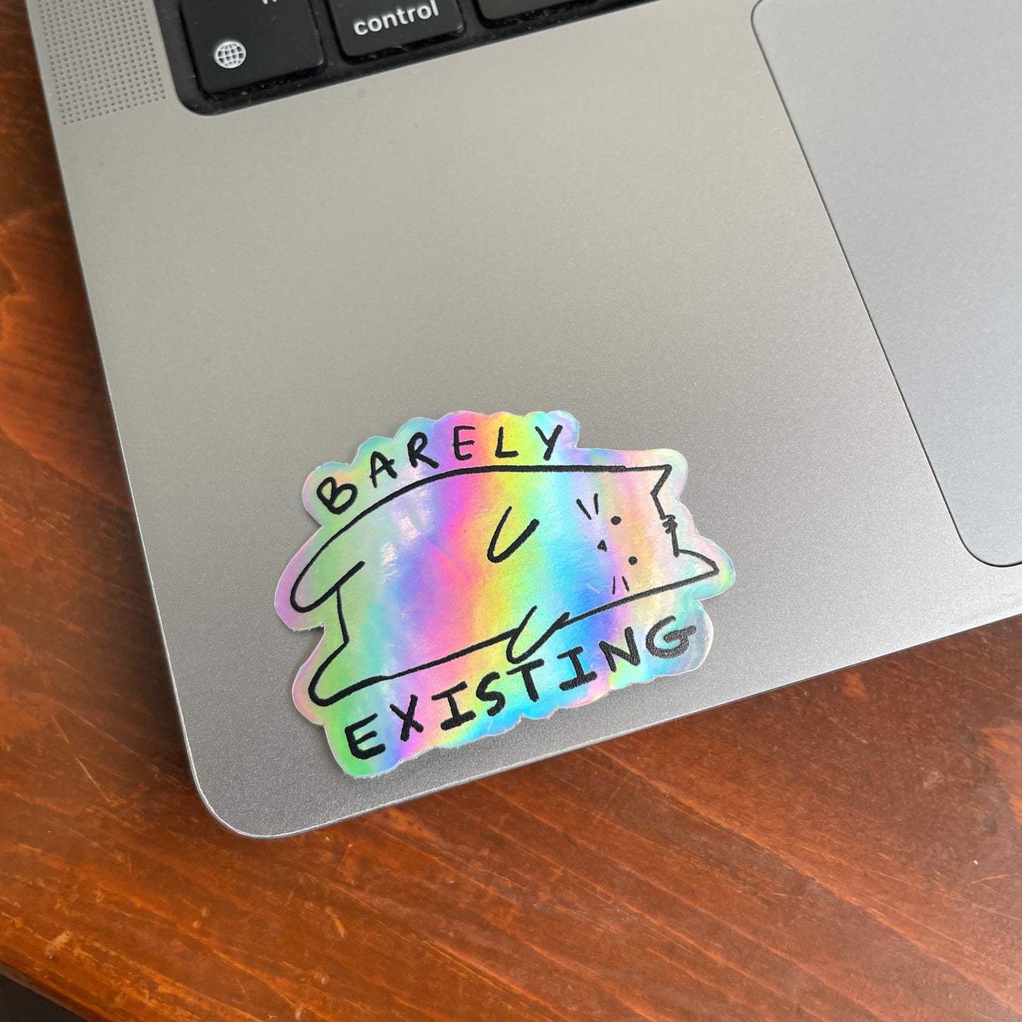 Holographic cat sticker on a laptop with text