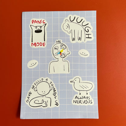 Sticker sheet with various illustrations and text on a grid background