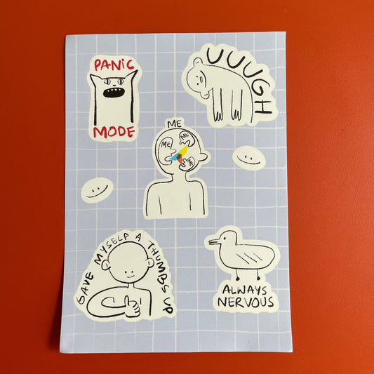 Sticker sheet with various illustrations and text on a grid background